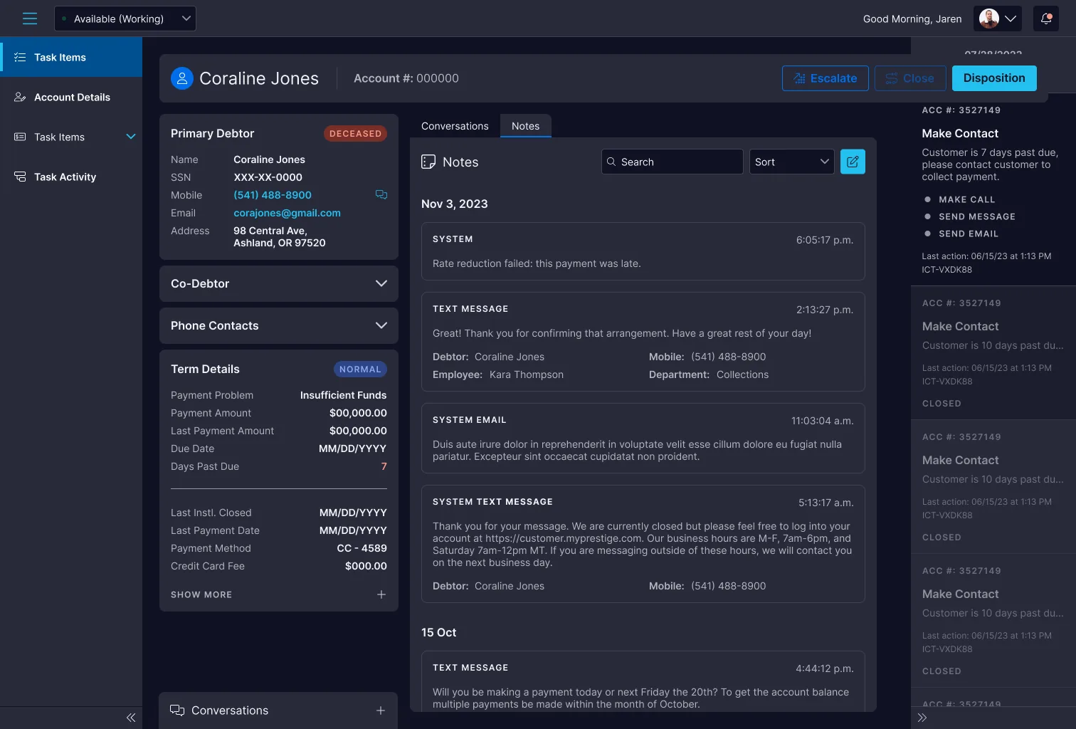 Service Center agent workspace — an account's task view with the live 'Make Contact' task queue on the right