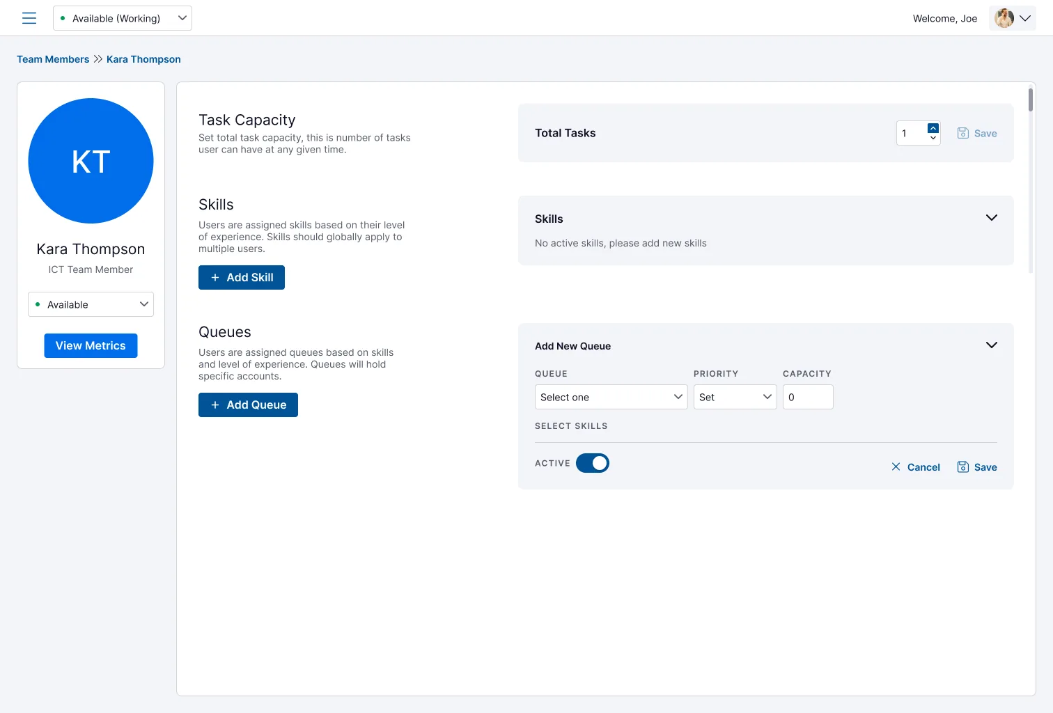 Service Center team-member settings — task capacity, assignable skills, and skills-based queues for an agent